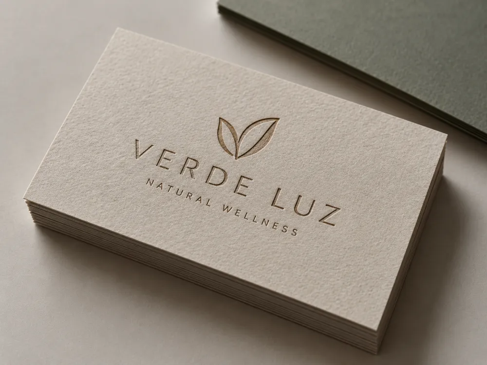 Tarjetas de visita Verde Luz con el logotipo grabado con láser